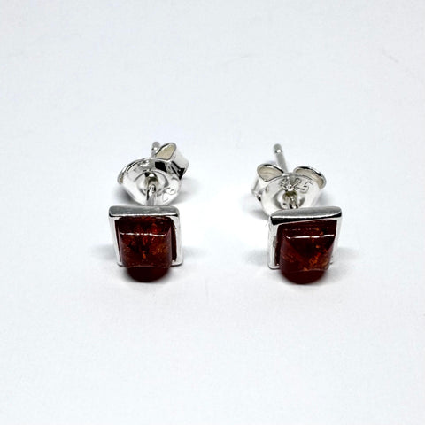 Small Amber Square Stud Earrings in Silver