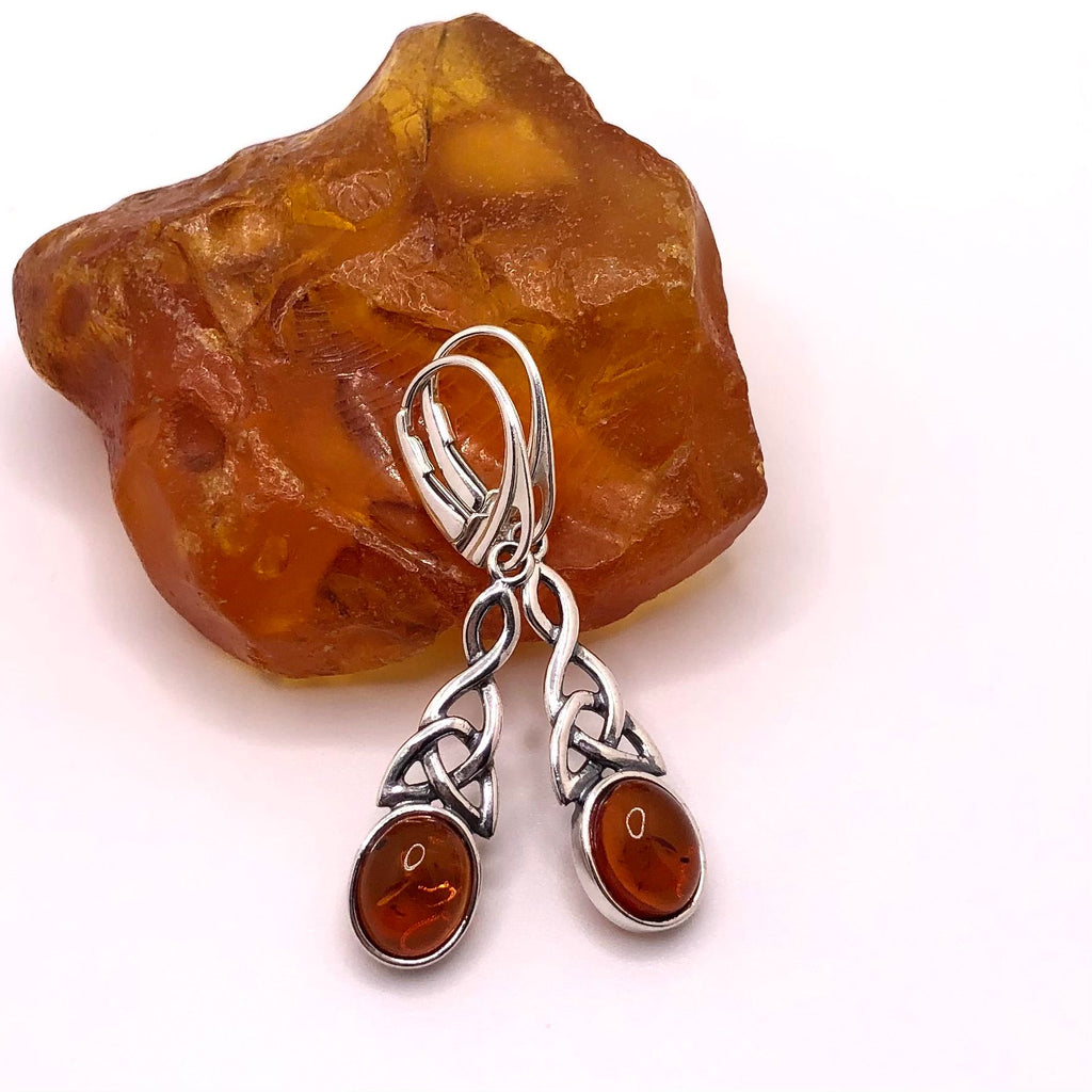 Amber and Silver Celtic Hanging Earrings
