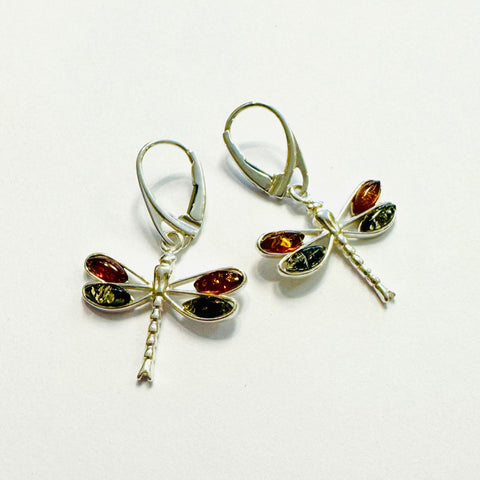 Dragonfly Hanging Earrings with Amber