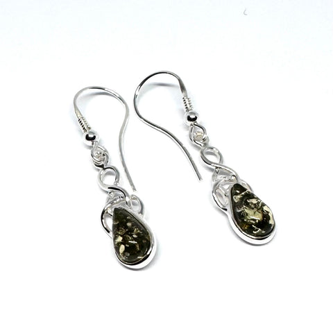 Green Amber Drop Earrings in Silver Celtic Setting