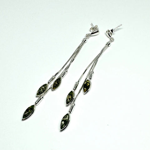 Delicate Amber Earrings on Long Chains (green)