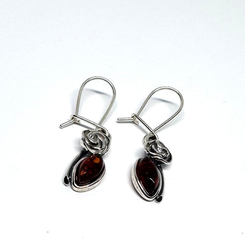 Delicate Amber Earrings with Silver Rose