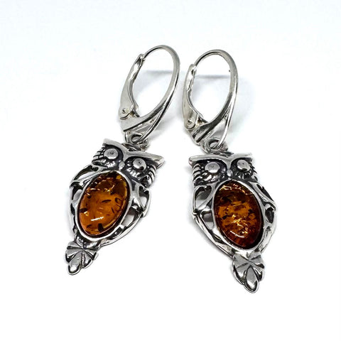 Amber Owl Earrings in Silver (Cognac or Green)
