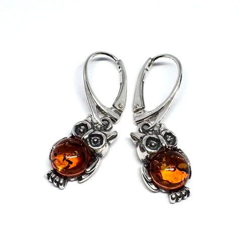 Amber Owls Earrings in Silver