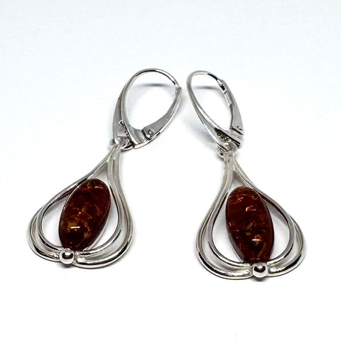 Large Silver Pear-Shape Earrings with Amber