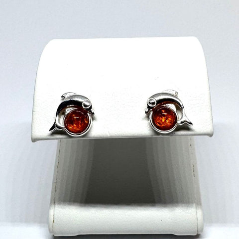 Dolphin Stud Earrings in Silver with Amber