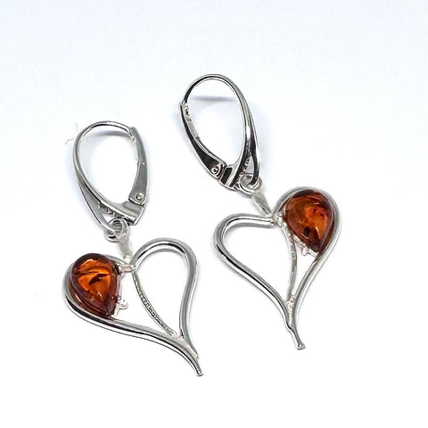Silver Heart Earrings with Amber