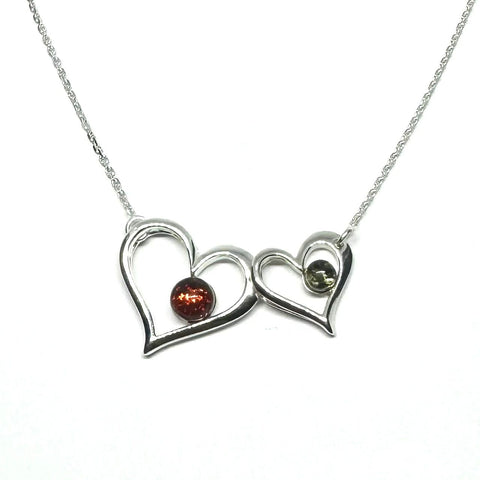 2 Hearts Amber and Silver Necklace