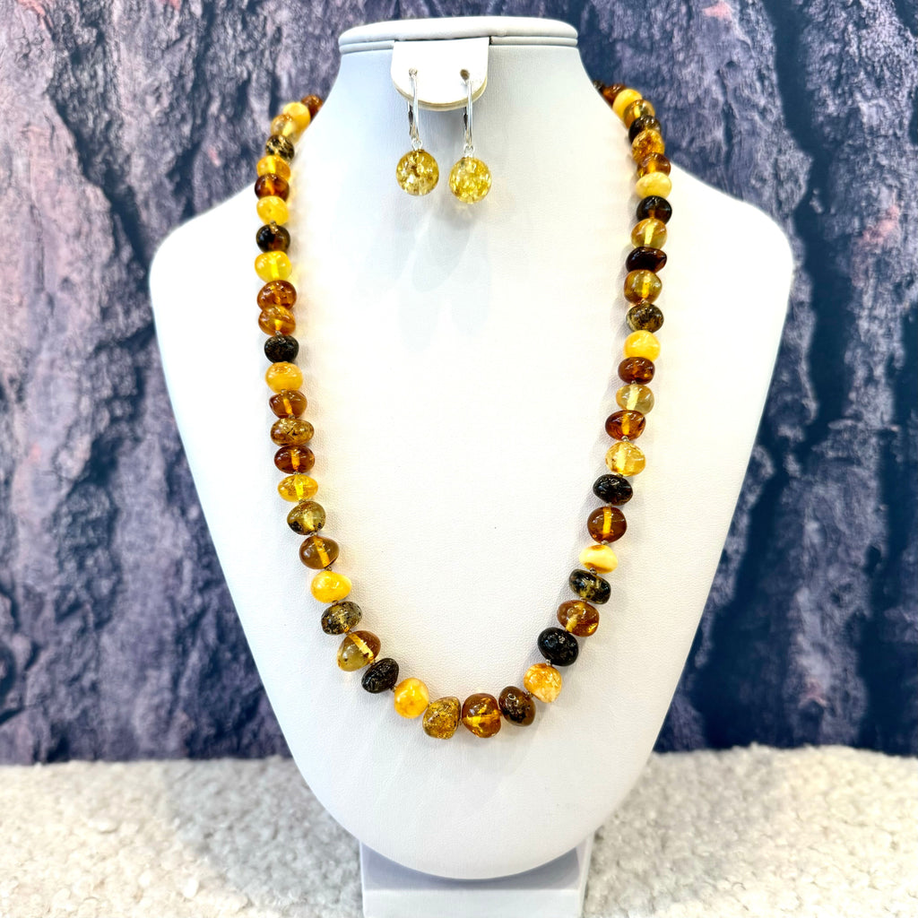 Multicolour Amber Beaded Necklace and Earrings