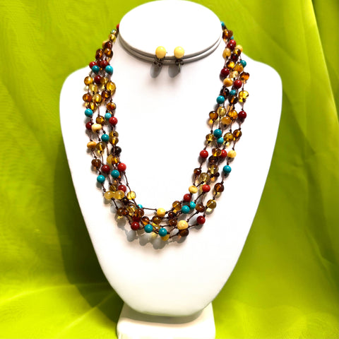 Multistrand Amber, Turquoise and Coral Necklace