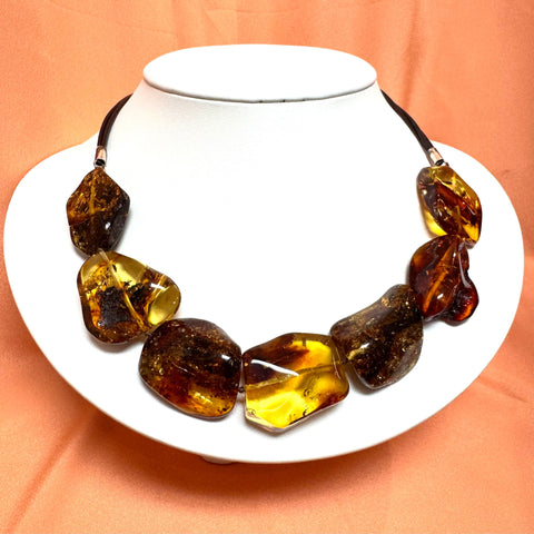 Green Amber Free Form Necklace on Leather