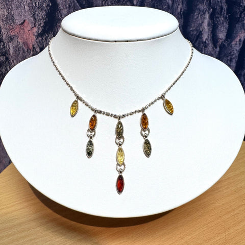 Delicate Multicolour Amber and Silver Necklace