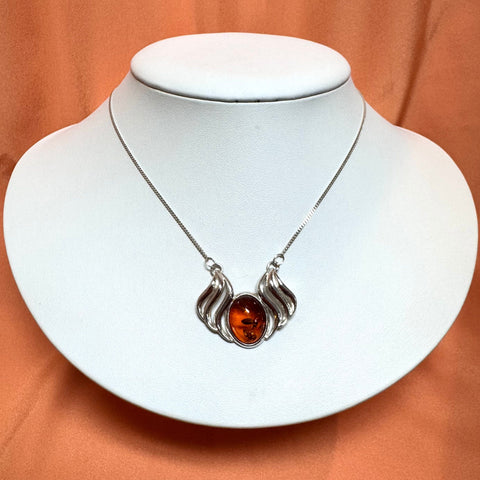 Amber and Wavey Silver Necklace