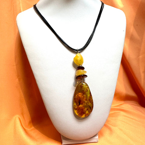 Large Amber Pendant with Beads on Leather #2