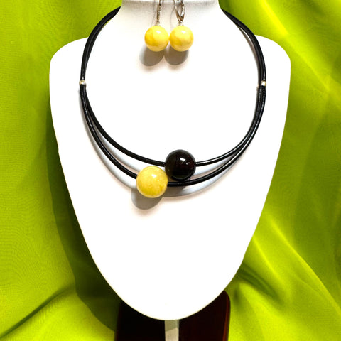 Two Amber Balls  Necklace on Leather (cherry and butter)