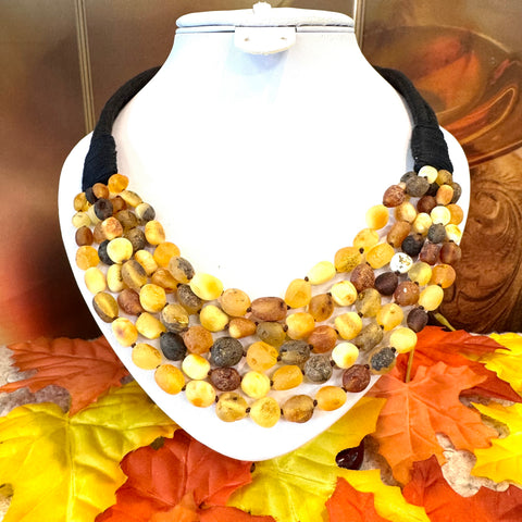 Multistrand Mat Amber Necklace on Black Cord
