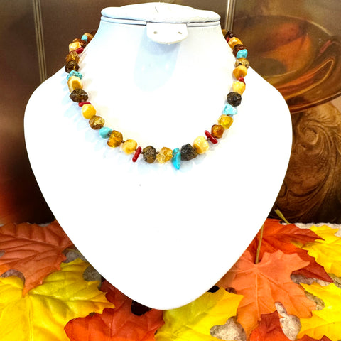 Amber Turquoise and Coral Beaded Necklace