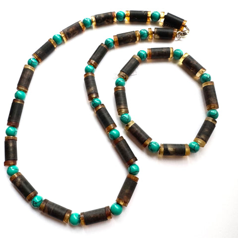 Baltic Amber and Turquoise Beaded Necklace and Matching Bracelet for Men