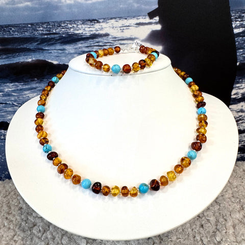 Amber and Turquoise Set of  Necklace and Bracelet
