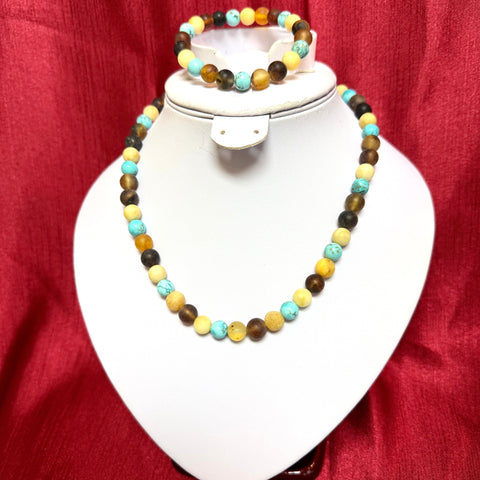 Amber and Turquoise Ball Necklace in Mat, Matching Bracelet