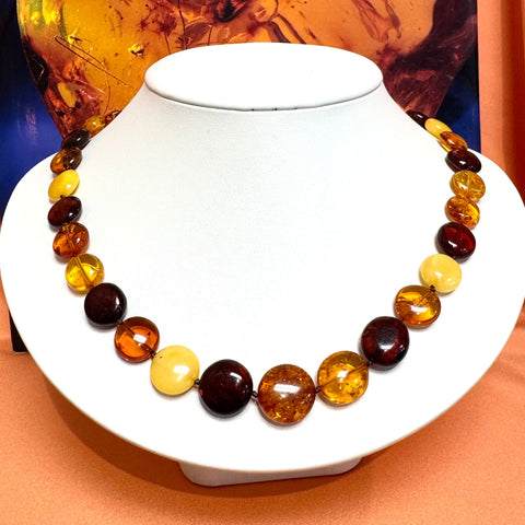 Multicolour Coin-Shaped Amber Beaded Necklace
