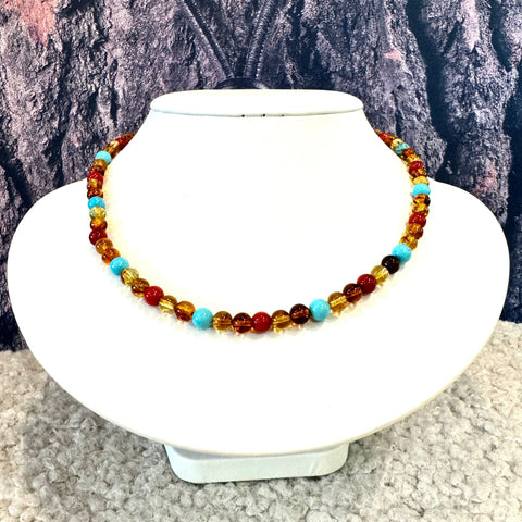 Amber, Turquoise and Coral Ball Necklace