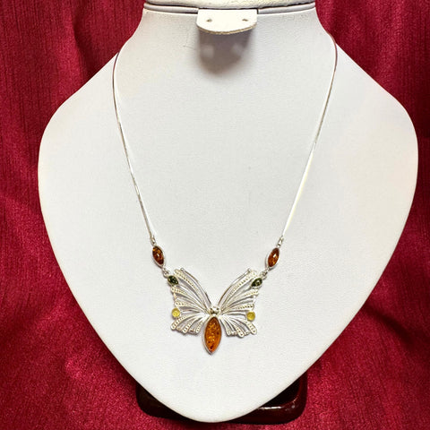Butterfly Necklace in Silver with Amber