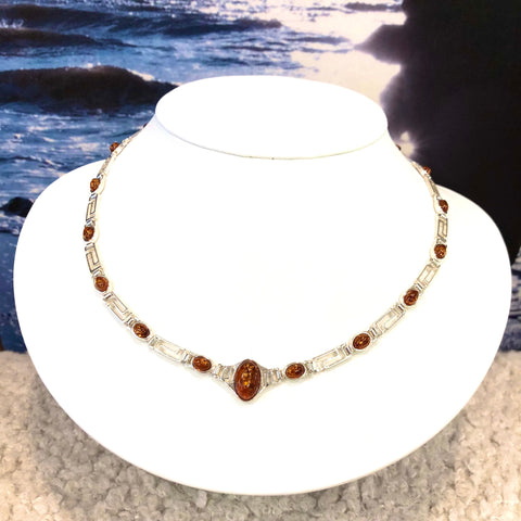 Amber and Silver Necklace in Greek Style