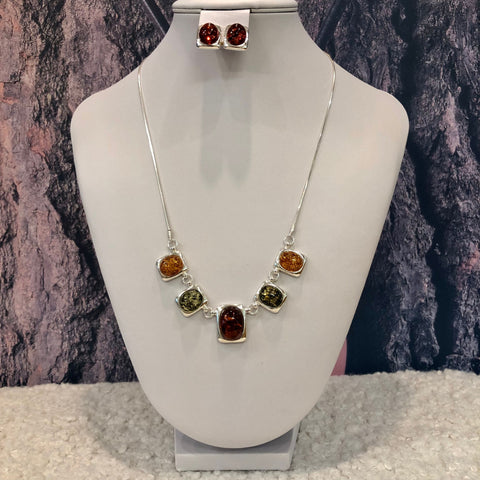 Elegant Rectangular Amber Necklace and Matching Earrings