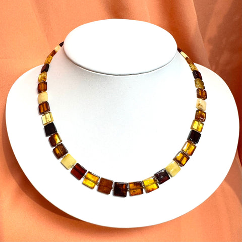 Delicate Necklace of Multicolour Amber Squares