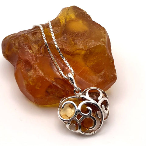 Silver Filigree Heart  Pendant with Amber Stones