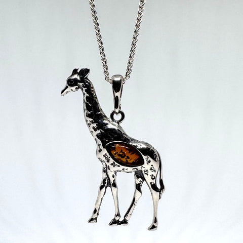 Giraffe Pendant in Silver with Amber
