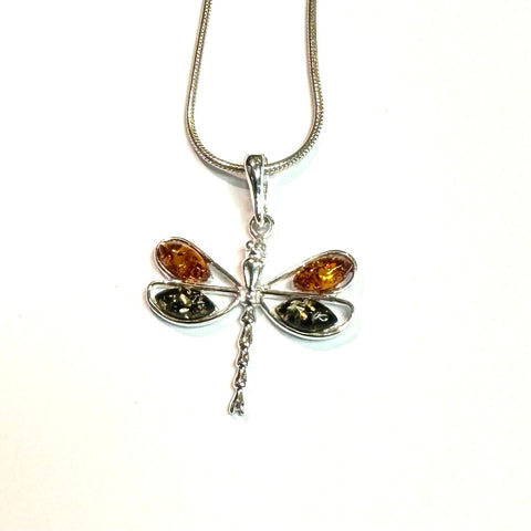 Dragonfly Pendant in Amber and Silver
