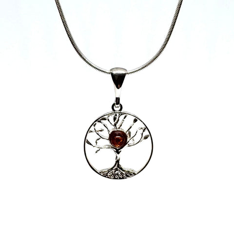 Delicate Tree of Life Pendant in Silver with Amber