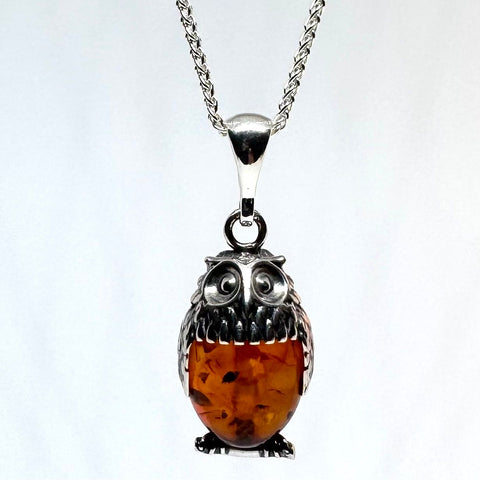 Amber Owl Pendant in Silver