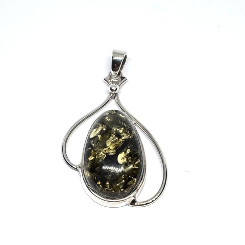 Green Amber Pendant with Silver Wires Decoration