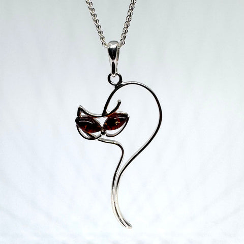 Cat Pendant in Silver with Amber