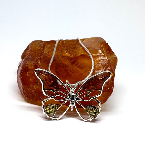 Butterfly Pendant in Silver with Amber on Chain