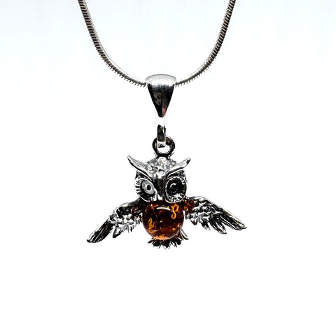 Owl Pendant in Silver and Amber