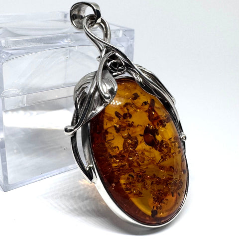 Large Amber Pendant with Silver Leaves