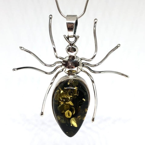 Green Amber Spider Pendant in Silver