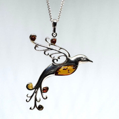 Large Hummingbird Pendant in Amber and Silver