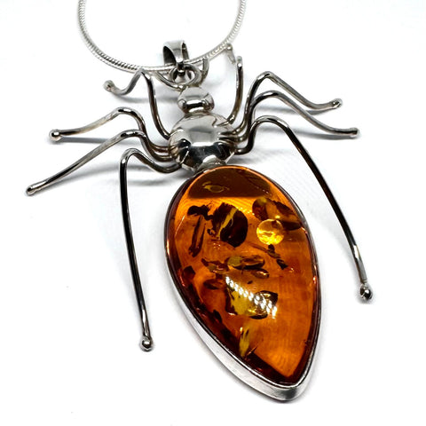 Amber and Silver Large Spider Pendant