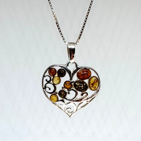 Heart Pendant in Filigree Silver with Amber