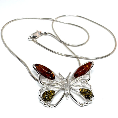 Butterfly Pendant in Silver with Amber on Chain