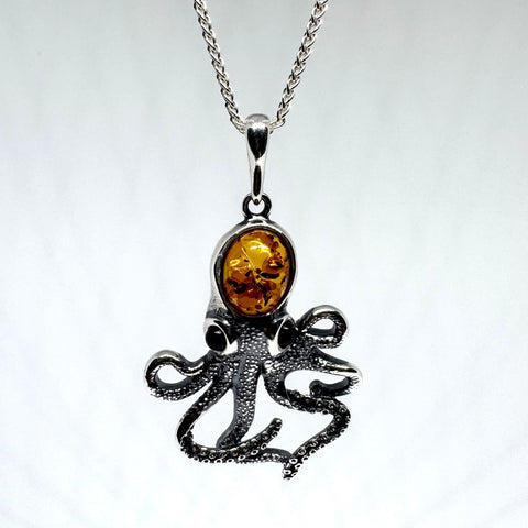 Amber and Silver Octopus Pendant