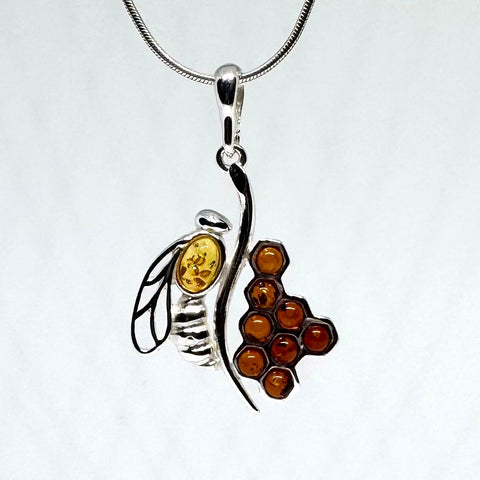 Honey and Bee Pendant in Silver and Amber