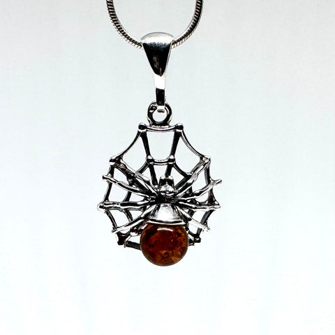 Amber and Silver Spider on Web Pendant