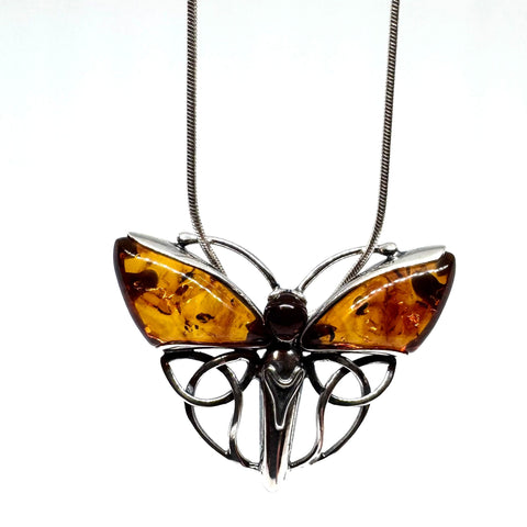 Amber and Silver Butterfly Pendant with Celtic Knot on Chain