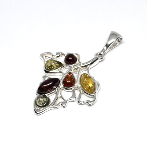 Leaf Pendant in Silver with Multicolour Amber